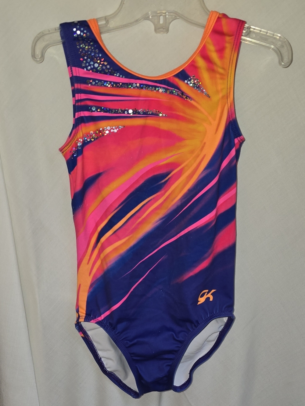 GK Neon Swirl Leotard in Pink, Orange & Blue with Rhinestones Size CM